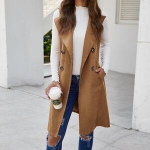 Classic Camel Long Vest Coat Pocket Jacket